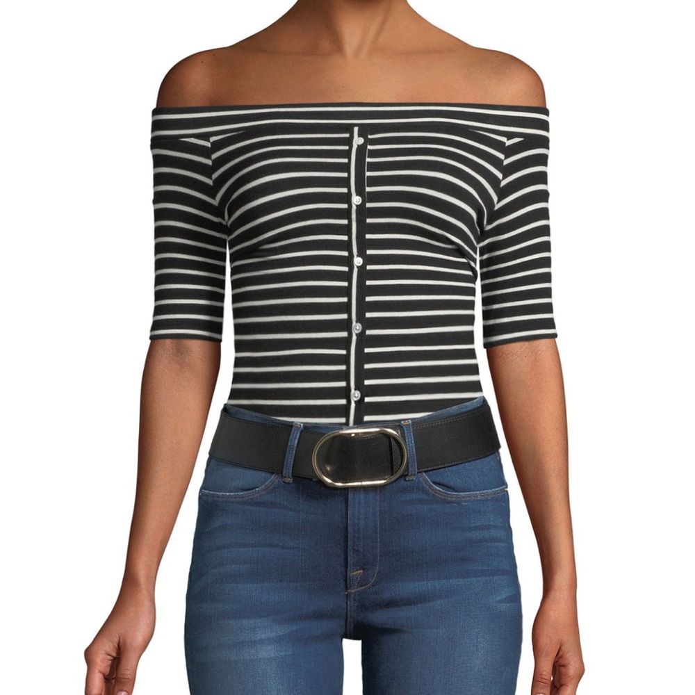 Frame Off-The-Shoulder Button-Front Striped Tee - image 1